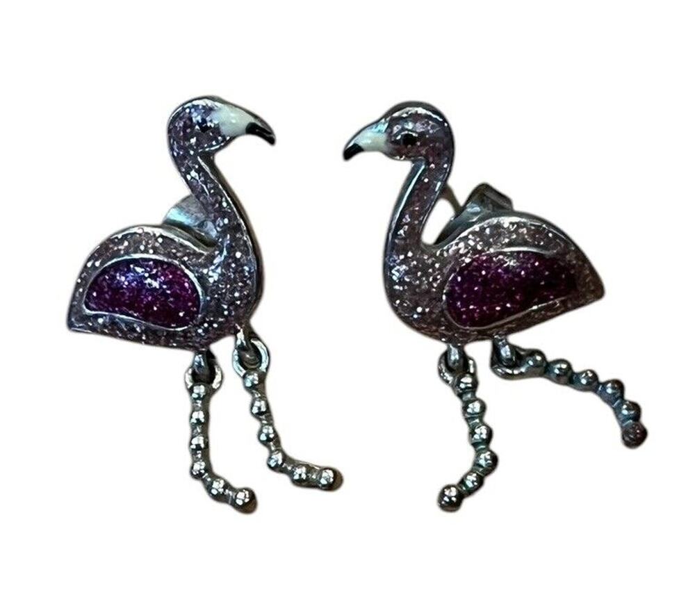 Pink Flamingo Earrings W/ Rhinestones Moveable Legs 1” Long